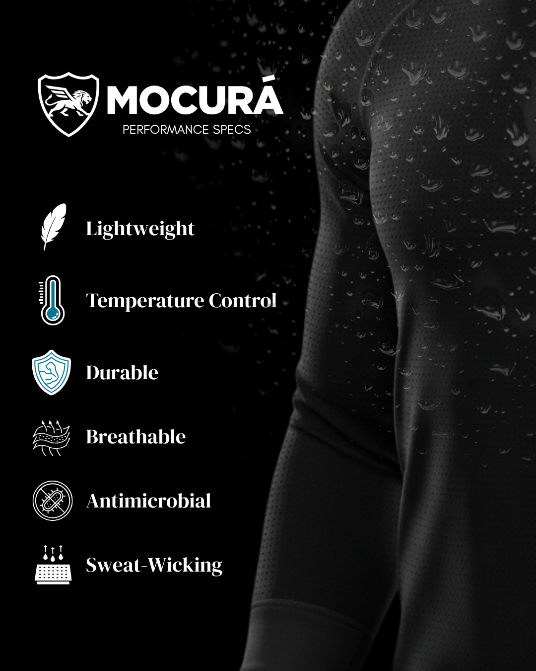MoCurá Performance Specs — Lightweight, temperature control, durable, breathable, antimicrobial, sweat-wicking